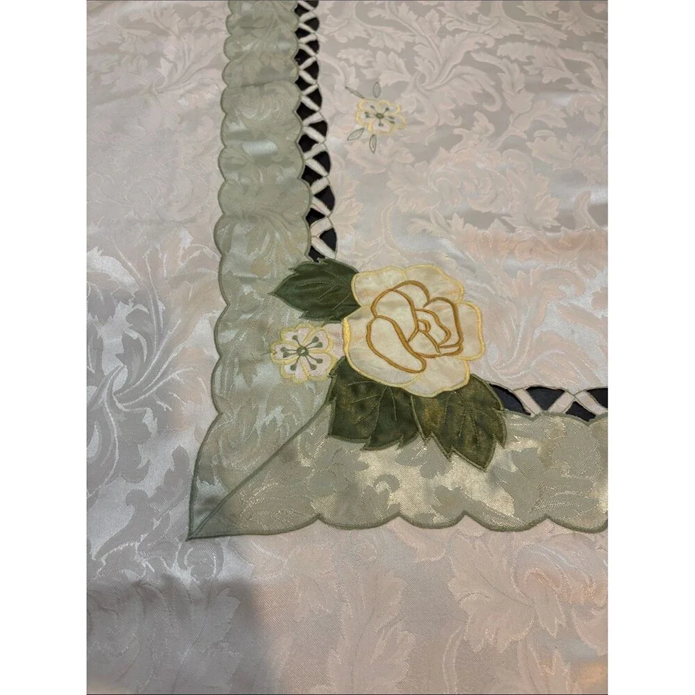 Elegant Cream Floral Embroidered Cut out Tablecloth